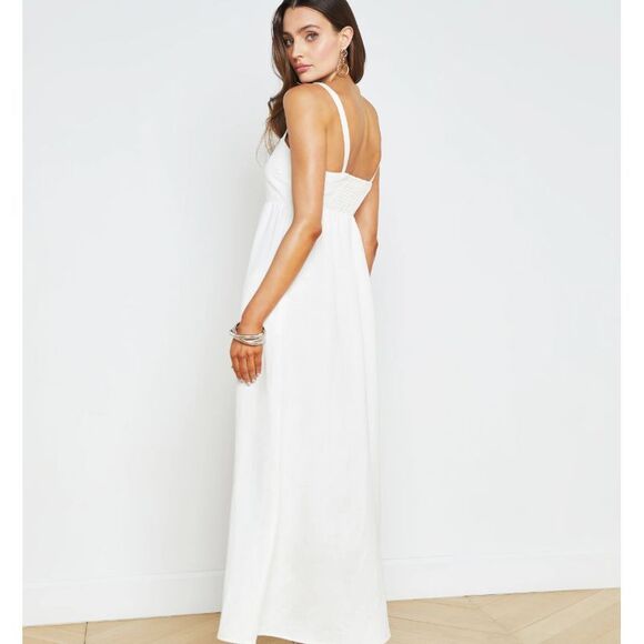 L'Agence Jessamy Dress Linen Maxi Pleated Smocked Baby Doll Milkmaid Beach - Picture 2 of 9
